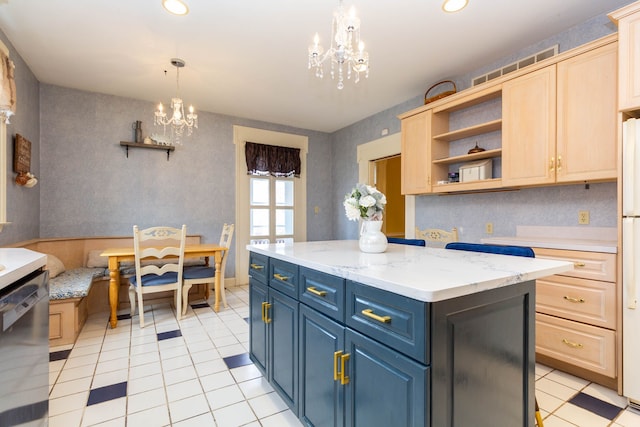 kitchen with open shelves, a chandelier, light tile patterned flooring, and recessed lighting