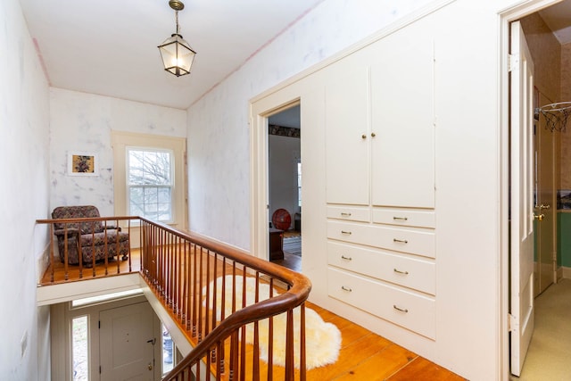 hall with plenty of natural light and light wood-style floors