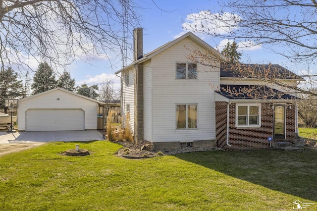 view of property exterior with a chimney, a garage, an outdoor structure, and a lawn