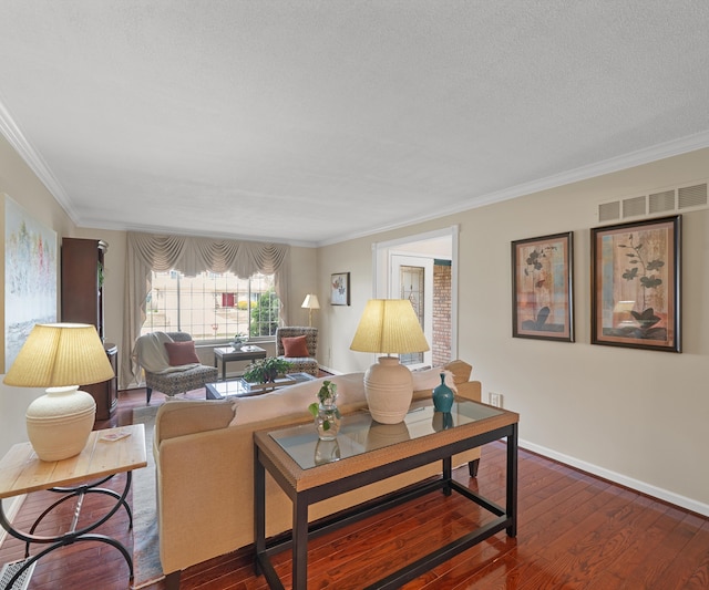 living room featuring crown molding, baseboards, visible vents, and dark wood-type flooring