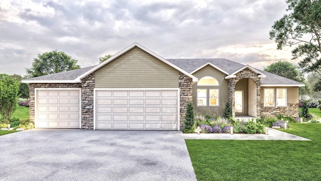 ranch-style home with a front yard, a shingled roof, an attached garage, stone siding, and driveway