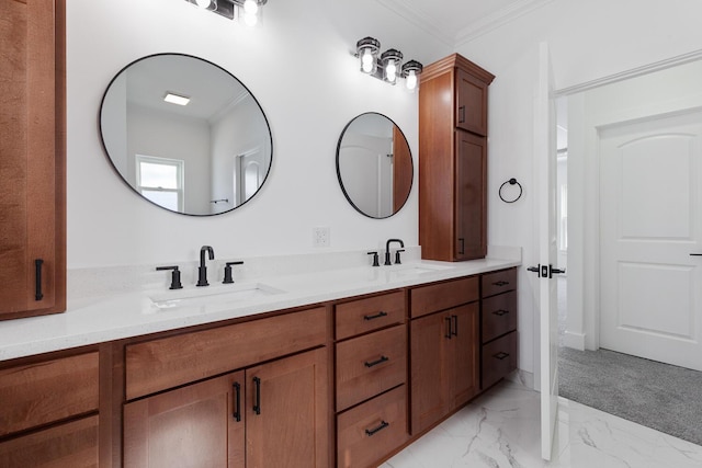 bathroom featuring double vanity, marble finish floor, a sink, and ornamental molding