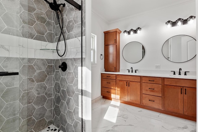 bathroom with crown molding, double vanity, marble finish floor, and a sink