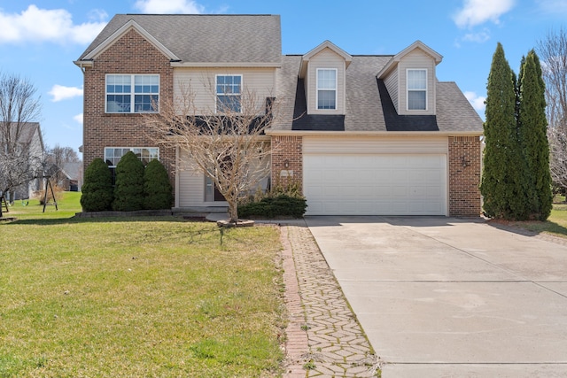 traditional-style house with brick siding, driveway, roof with shingles, and a front lawn