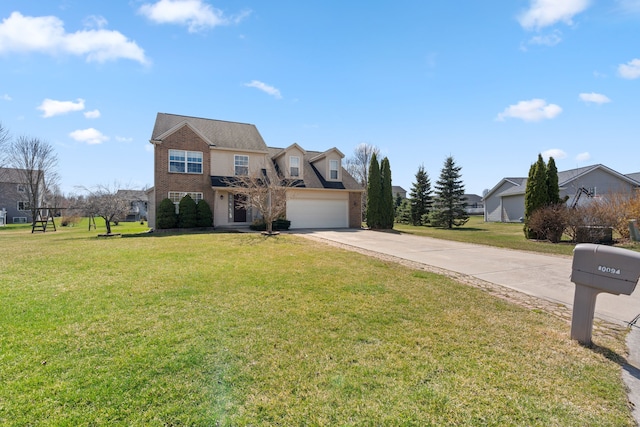 traditional home with brick siding, driveway, a residential view, and a front lawn