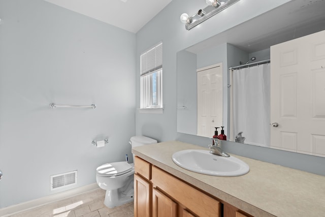 full bathroom with tile patterned flooring, vanity, toilet, baseboards, and visible vents