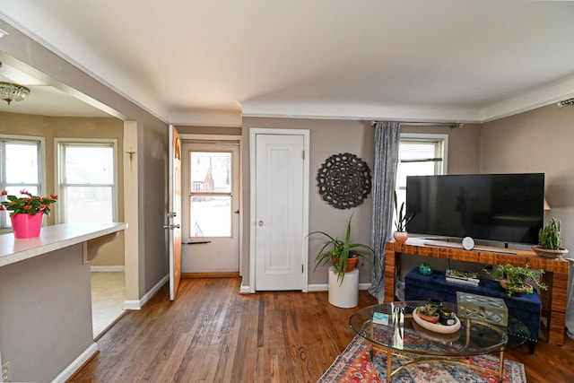 foyer entrance featuring wood finished floors and baseboards