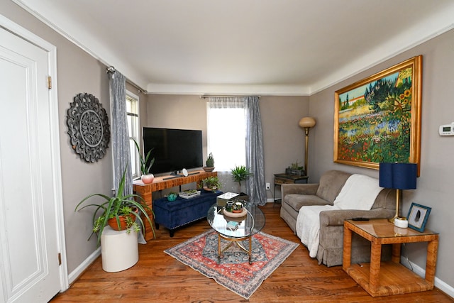 living area with wood finished floors and baseboards