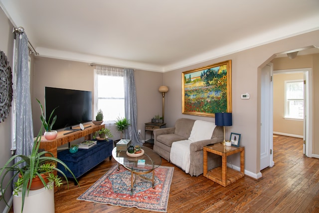 living room with hardwood / wood-style floors, arched walkways, healthy amount of natural light, and baseboards