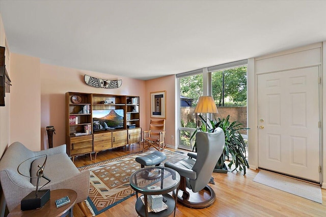 living area featuring baseboards and wood finished floors
