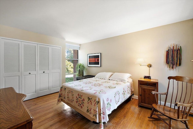 bedroom with wood finished floors, a closet, and baseboards