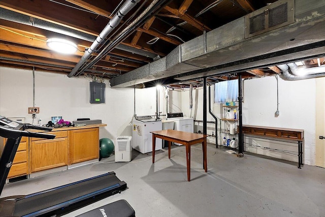 unfinished below grade area featuring visible vents, electric panel, and washing machine and dryer