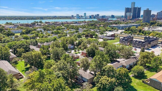 aerial view featuring a water view and a city view