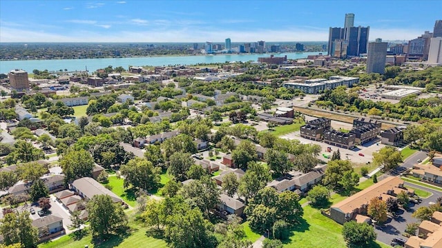 aerial view with a city view and a water view