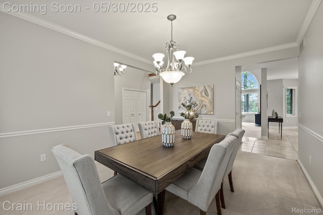 1171 Deer Path Trl, Oxford, MI 48371 - dining space with a chandelier, ornamental molding, baseboards, light tile patterned floors, and light colored carpet