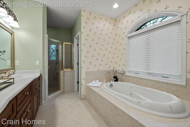 1171 Deer Path Trl, Oxford, MI 48371 - bathroom featuring a shower stall, vanity, a tub with jets, wallpapered walls, and tile patterned floors