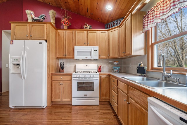 kitchen with a sink, wooden ceiling, white appliances, light countertops, and lofted ceiling
