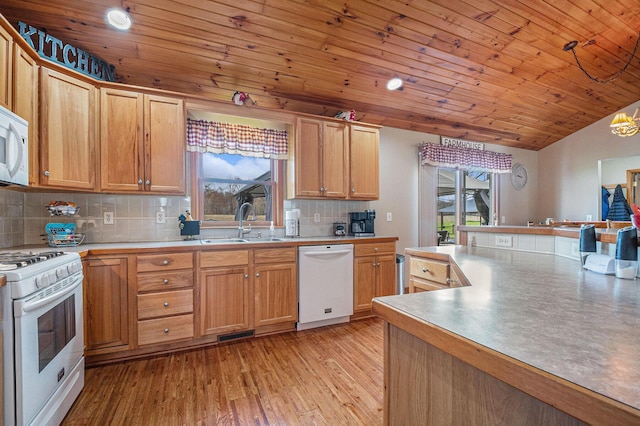 kitchen featuring wooden ceiling, white appliances, backsplash, and a sink