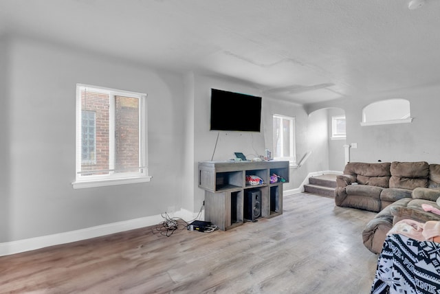16171 Ilene St, Detroit, MI 48221 - living room featuring baseboards, light wood-type flooring, arched walkways, and a textured ceiling