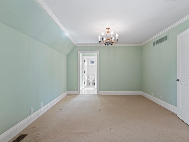 interior space featuring a notable chandelier, visible vents, and light carpet
