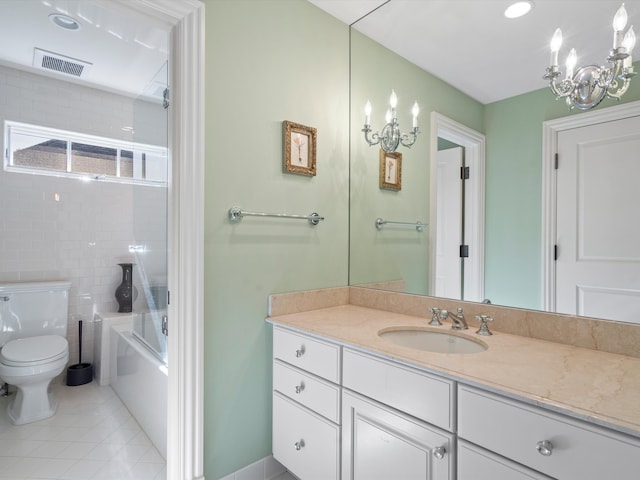 full bathroom with vanity, a notable chandelier, toilet, visible vents, and tile patterned flooring