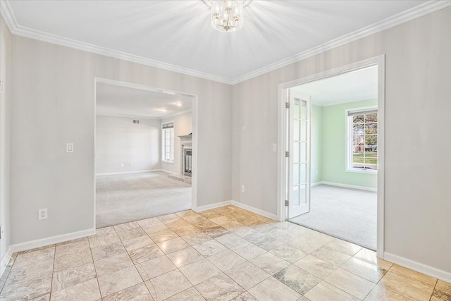 775 Deer Ct, Plymouth, MI 48170 - empty room with crown molding, baseboards, light carpet, and a fireplace