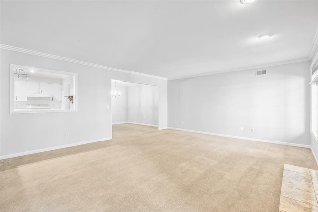 775 Deer Ct, Plymouth, MI 48170 - unfurnished living room with light colored carpet, a notable chandelier, ornamental molding, and visible vents