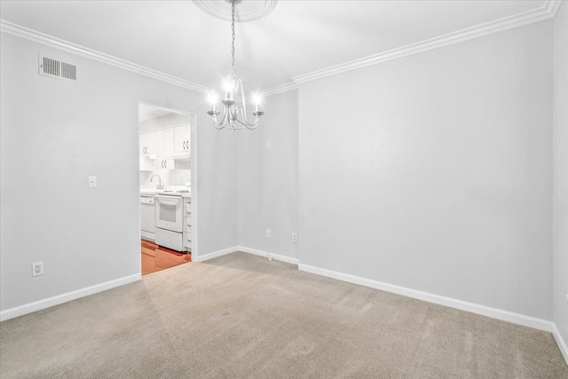 775 Deer Ct, Plymouth, MI 48170 - unfurnished dining area featuring visible vents, baseboards, an inviting chandelier, crown molding, and light colored carpet