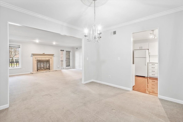 775 Deer Ct, Plymouth, MI 48170 - unfurnished living room with baseboards, a chandelier, crown molding, visible vents, and light colored carpet