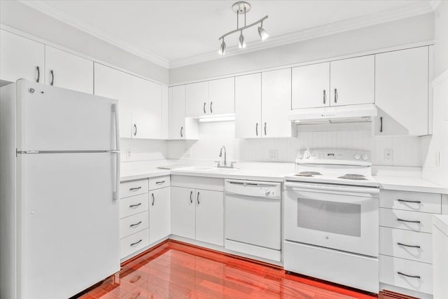 775 Deer Ct, Plymouth, MI 48170 - kitchen with ornamental molding, white appliances, light countertops, under cabinet range hood, and a sink