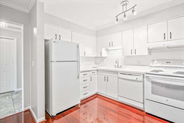 775 Deer Ct, Plymouth, MI 48170 - kitchen with a sink, light countertops, white appliances, under cabinet range hood, and crown molding