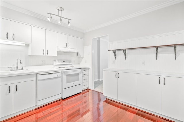 775 Deer Ct, Plymouth, MI 48170 - kitchen with white appliances, open shelves, under cabinet range hood, light countertops, and a sink
