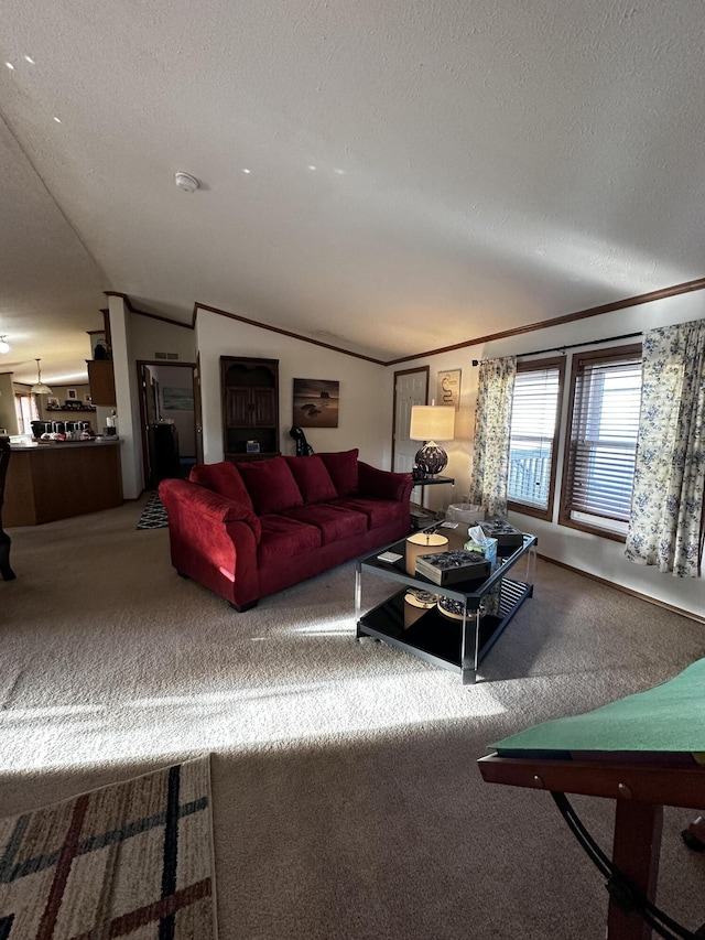 carpeted living area with a textured ceiling, vaulted ceiling, and ornamental molding