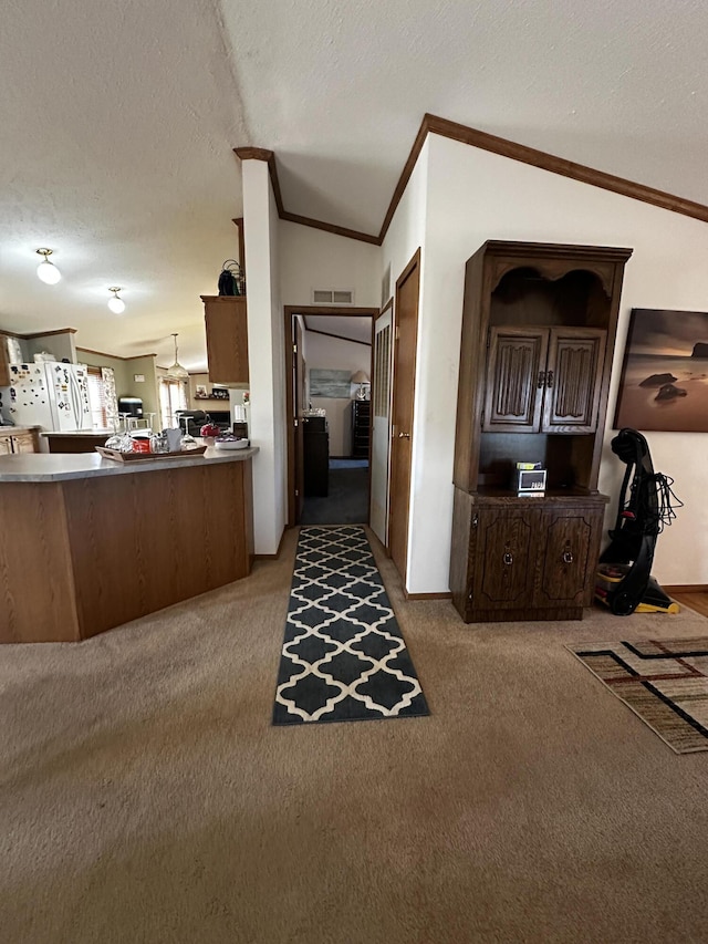 interior space with carpet, a textured ceiling, visible vents, and ornamental molding
