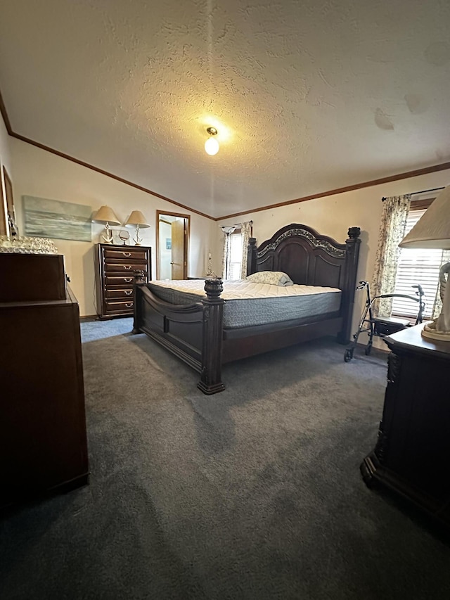 bedroom featuring multiple windows, a textured ceiling, carpet, and crown molding