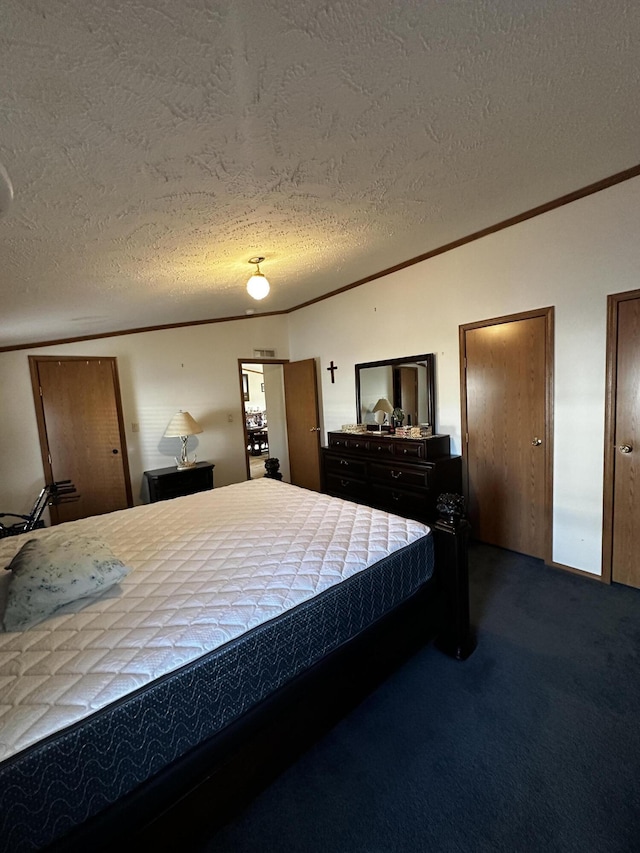 bedroom with two closets, dark carpet, crown molding, and a textured ceiling