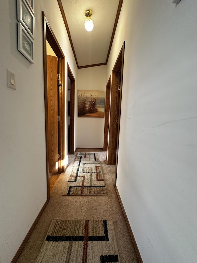 hallway featuring crown molding, carpet flooring, and baseboards
