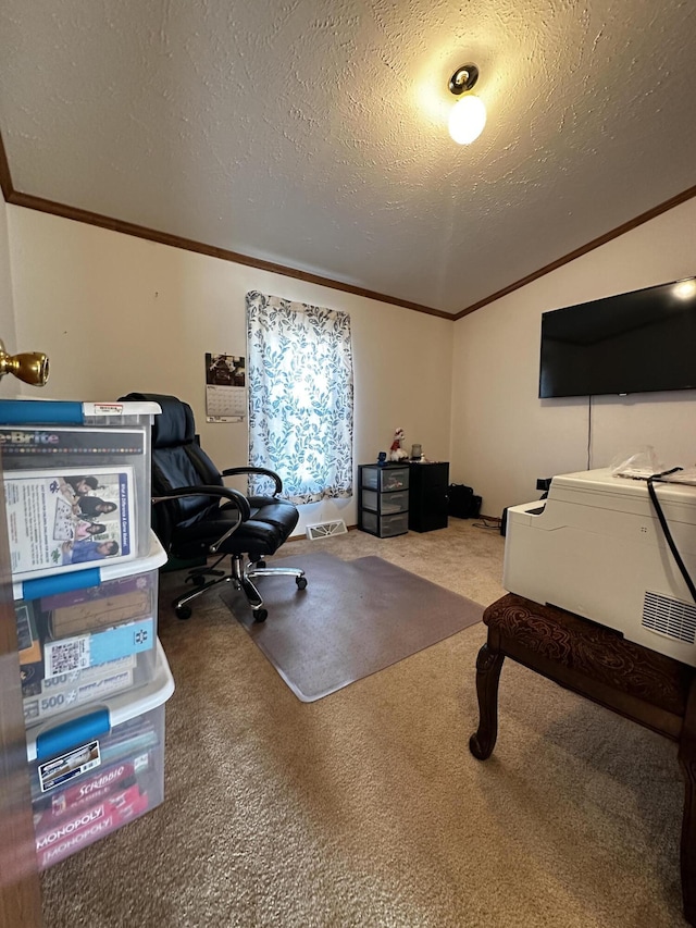 home office featuring vaulted ceiling, crown molding, and carpet