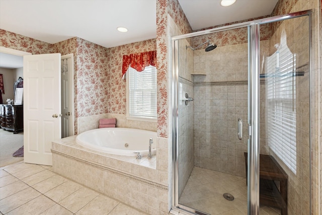 full bath featuring a jetted tub, wallpapered walls, recessed lighting, tile patterned floors, and a shower stall