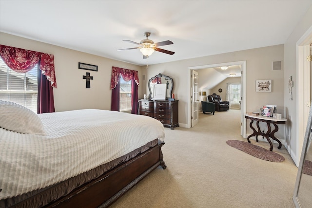 carpeted bedroom with ceiling fan, visible vents, and baseboards