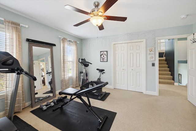 exercise room with carpet floors, a ceiling fan, and baseboards