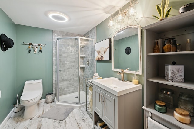 1728 Town Commons Dr, Howell, MI 48855 - bathroom featuring vanity, toilet, a stall shower, and baseboards