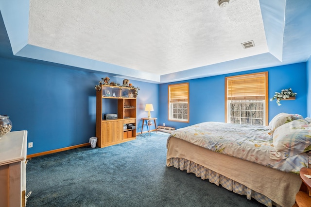 57480 72nd Ave, Hartford, MI 49057 - bedroom featuring baseboards, a textured ceiling, visible vents, a raised ceiling, and carpet