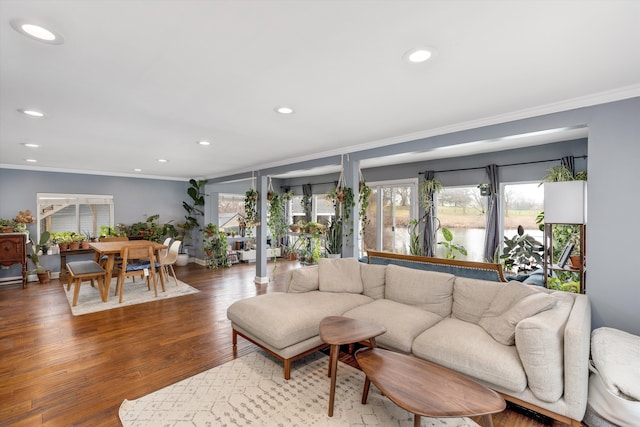 living area with crown molding, wood finished floors, and recessed lighting