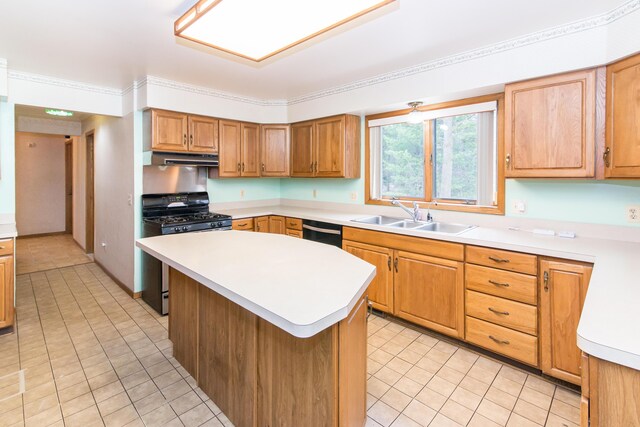 kitchen with light tile patterned floors, a sink, dishwashing machine, under cabinet range hood, and black gas range oven