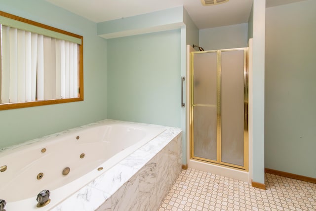 bathroom featuring a whirlpool tub, baseboards, a shower stall, and visible vents