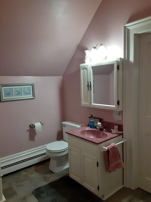 half bath featuring vanity, toilet, lofted ceiling, and baseboard heating