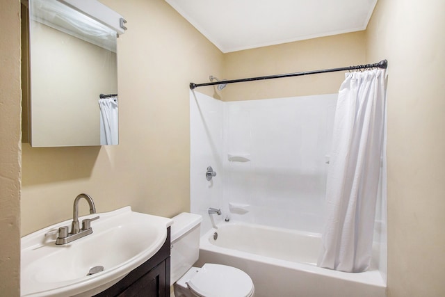 bathroom with shower / bath combination with curtain, vanity, and toilet
