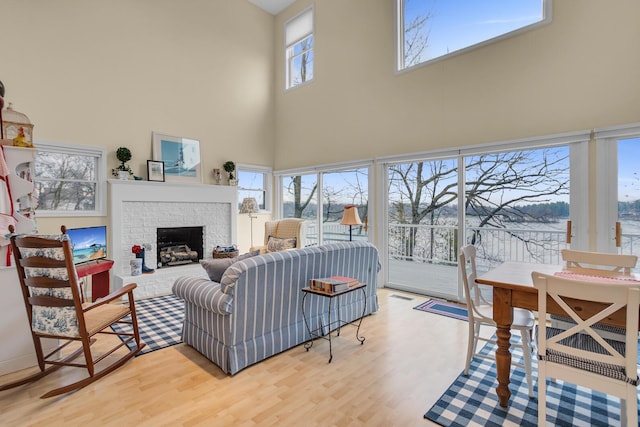 living area featuring a fireplace, a towering ceiling, and wood finished floors