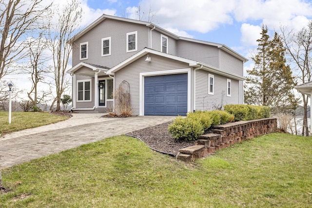 traditional-style house with a front lawn and decorative driveway